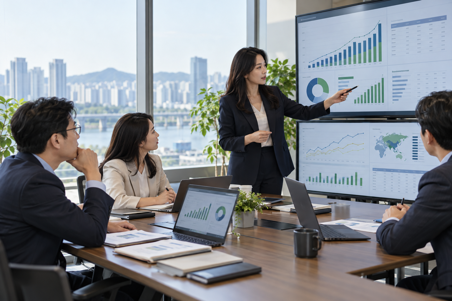 ERP 경영 데이터를 함께 검토하는 기업 회의